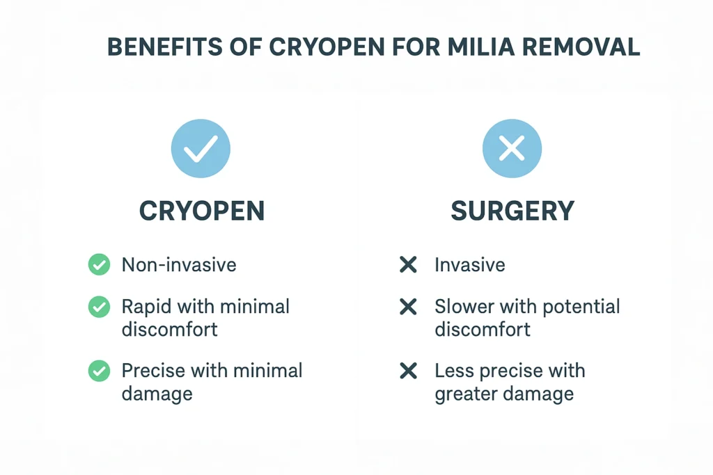 Benefits of cryopen for milia removal Acton compared to surgical treatments.