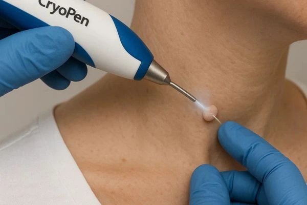 Person receiving cryotherapy Acton for skin tag removal