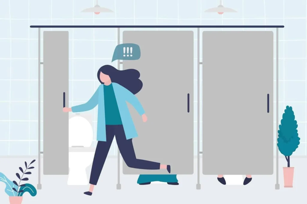 graphic of Urine incontinence Acton woman running to the toilet.
