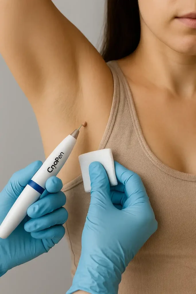 woman having cryopen to remove underarm skin tags Acton