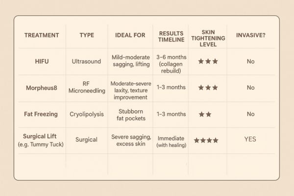 Table showing the comparisons of Skin tightening Acton treatment options. 